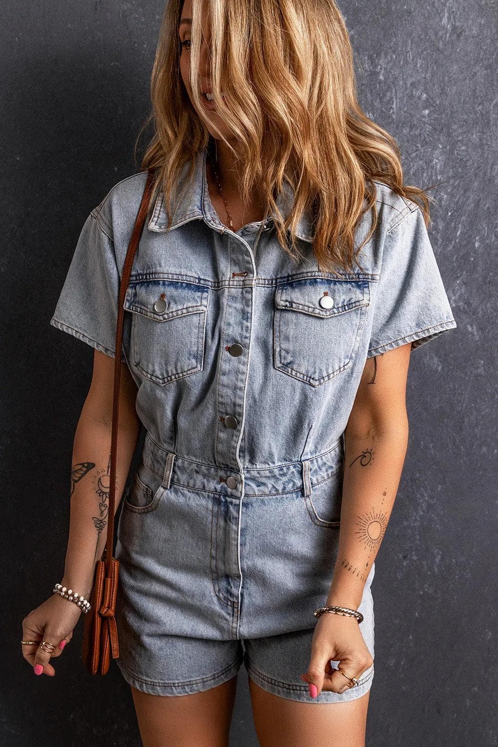 Bottoms/Jumpsuits & Rompers Light Blue Vintage Washed Buttons Pocketed Denim Romper