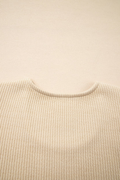 Apricot Leopard Sleeve Patchwork Ribbed Knit U Neck Top