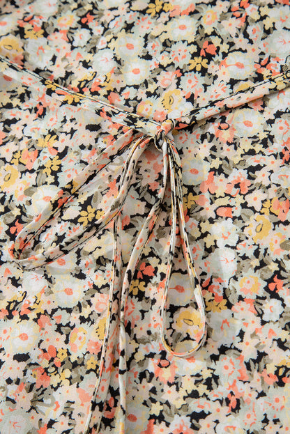 Khaki Boho Floral Printed Tie Waist Flared Sundress