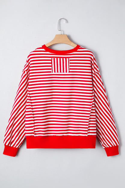 Red Stripe Christmas Nutcracker Sequin Patched Drop Shoulder Top