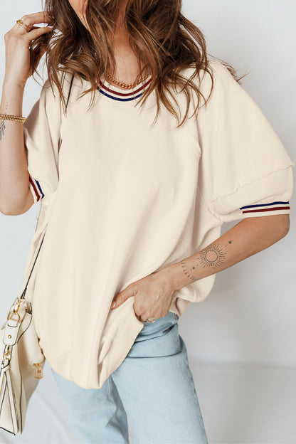 Beige Contrast Varsity Striped Neckline Cuffed Short Sleeve Loose Tunic Top