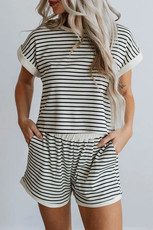 White Stripe Contrast Edge Tee and Shorts Set - Chic Meadow Boutique 