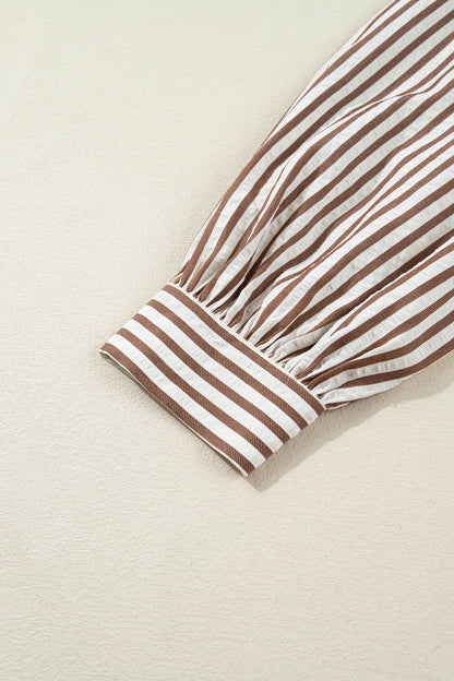 Brown Stripe Knot Waist Puff Sleeve Button Down Mini Shirt Dress