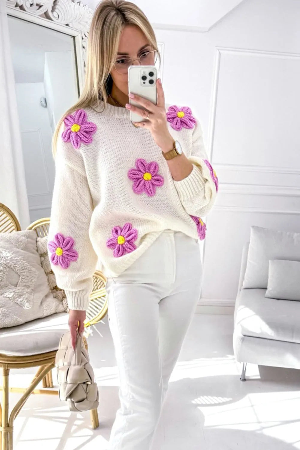 White Floral Crochet Chunky Knit Sweater - Chic Meadow Boutique 