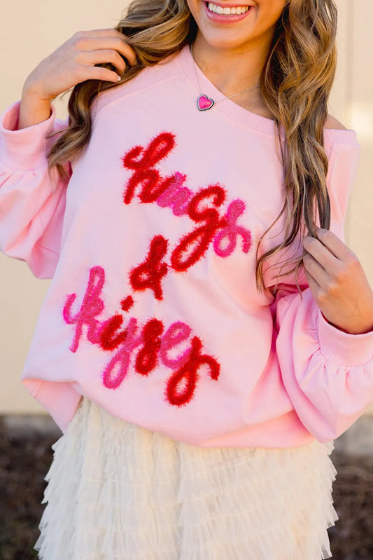 Pink Hugs and Kisses Pop Up Embroidered Raglan Sleeve Sweatshirt - Chic Meadow Boutique 