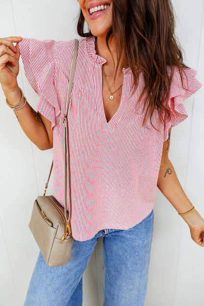 Red Stripe Frilly Split Neck Double Ruffled Short Sleeve Blouse