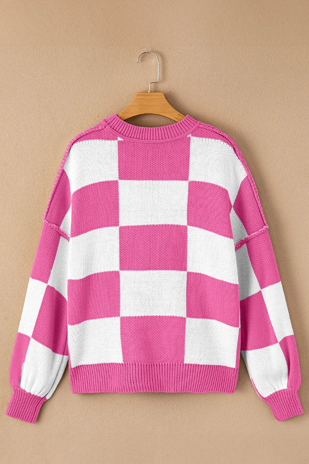 Rose Stripe Checkered Bishop Sleeve Sweater - Chic Meadow Boutique 