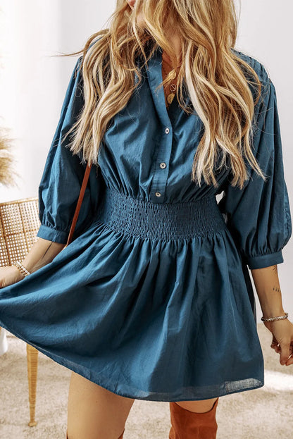 Prussian Blue 3/4 Sleeve Shirred High Waist Buttoned Mini Dress - Chic Meadow Boutique 