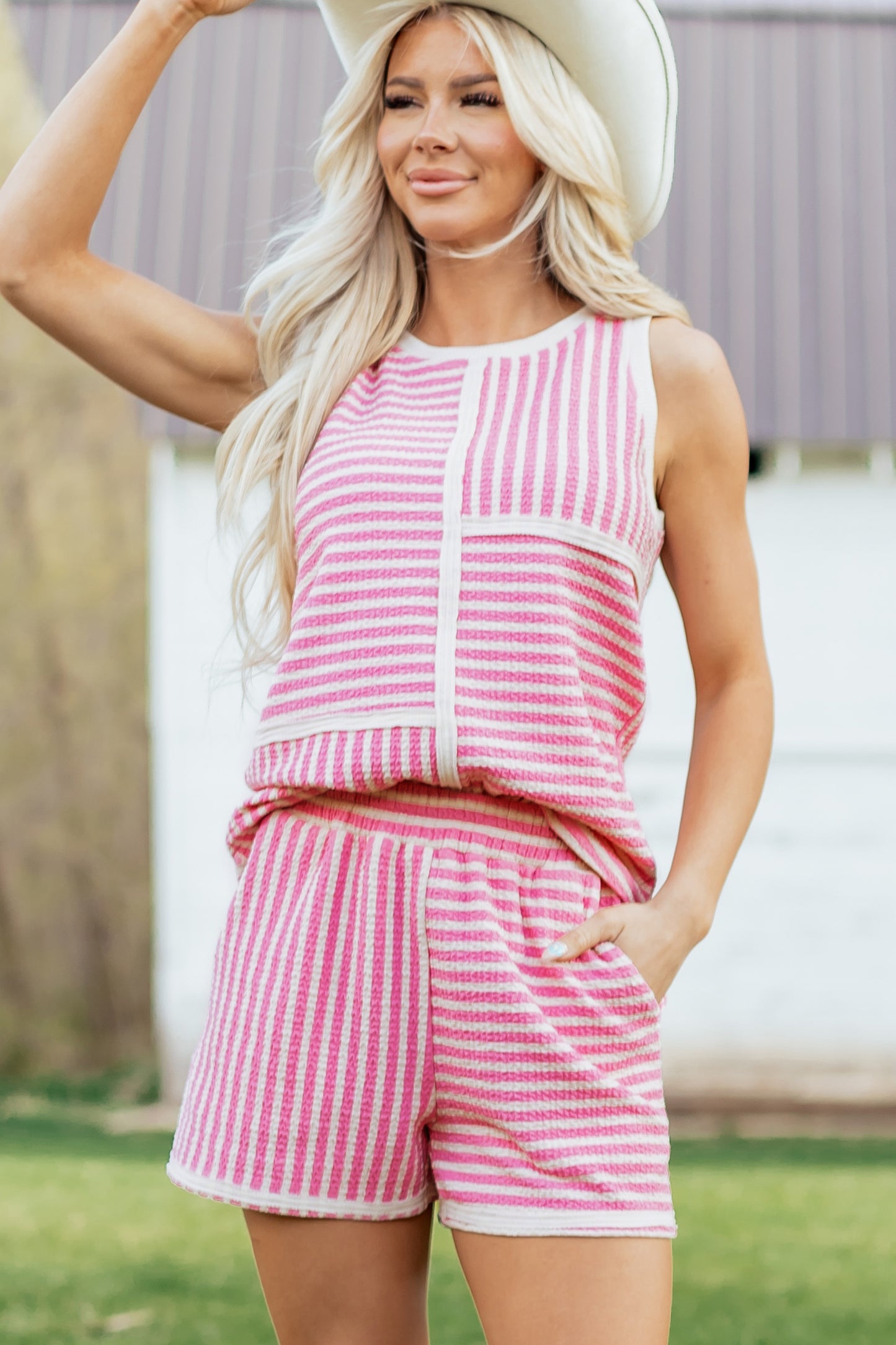Pink Stripe Textured Contrast Trim Casual Tank and Shorts Set