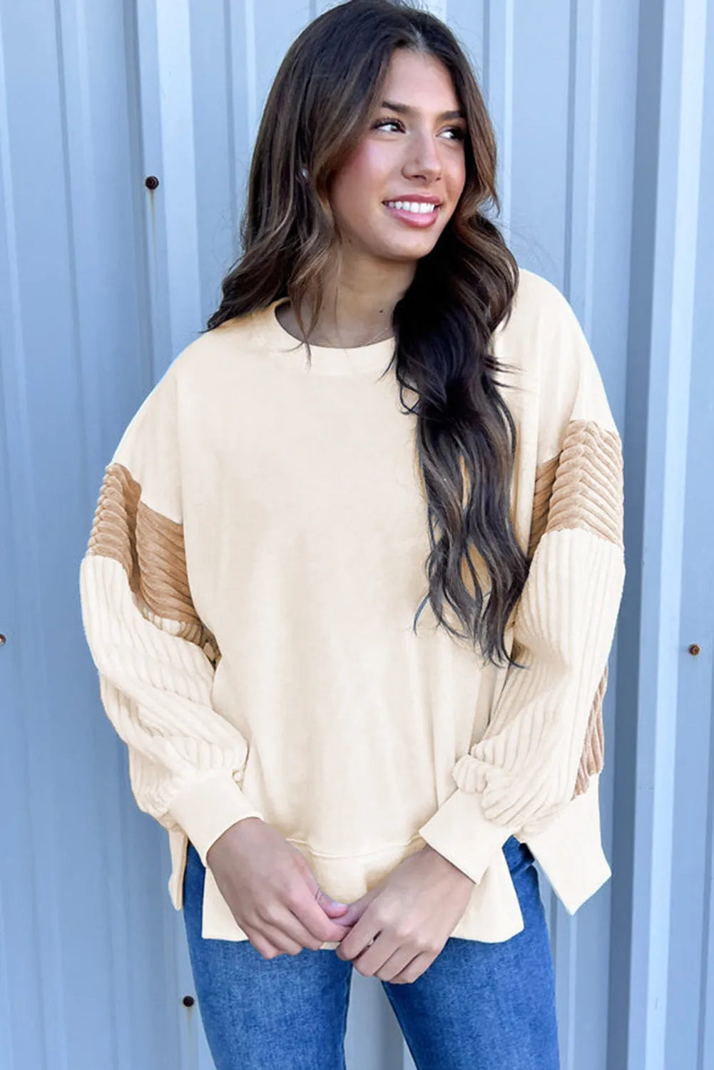 Tops/Sweatshirts & Hoodies Apricot Corduroy Patchwork Drop Shoulder Long Sleeve Sweatshirt