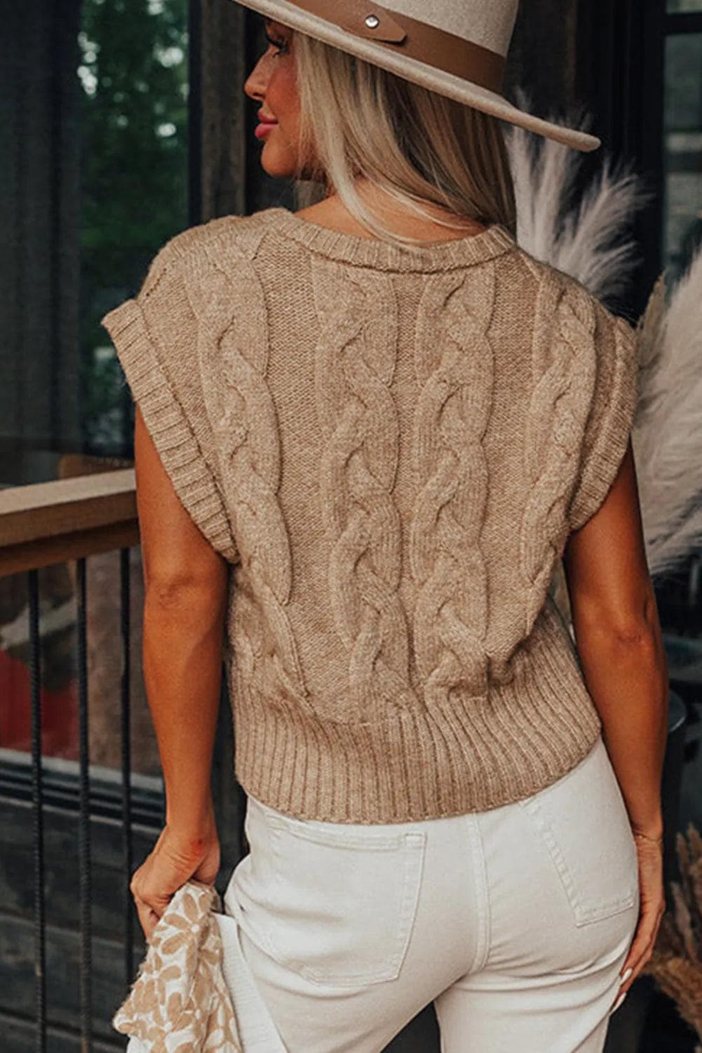 Light French Beige Cap Sleeve Cable Knit Sweater - Chic Meadow Boutique 