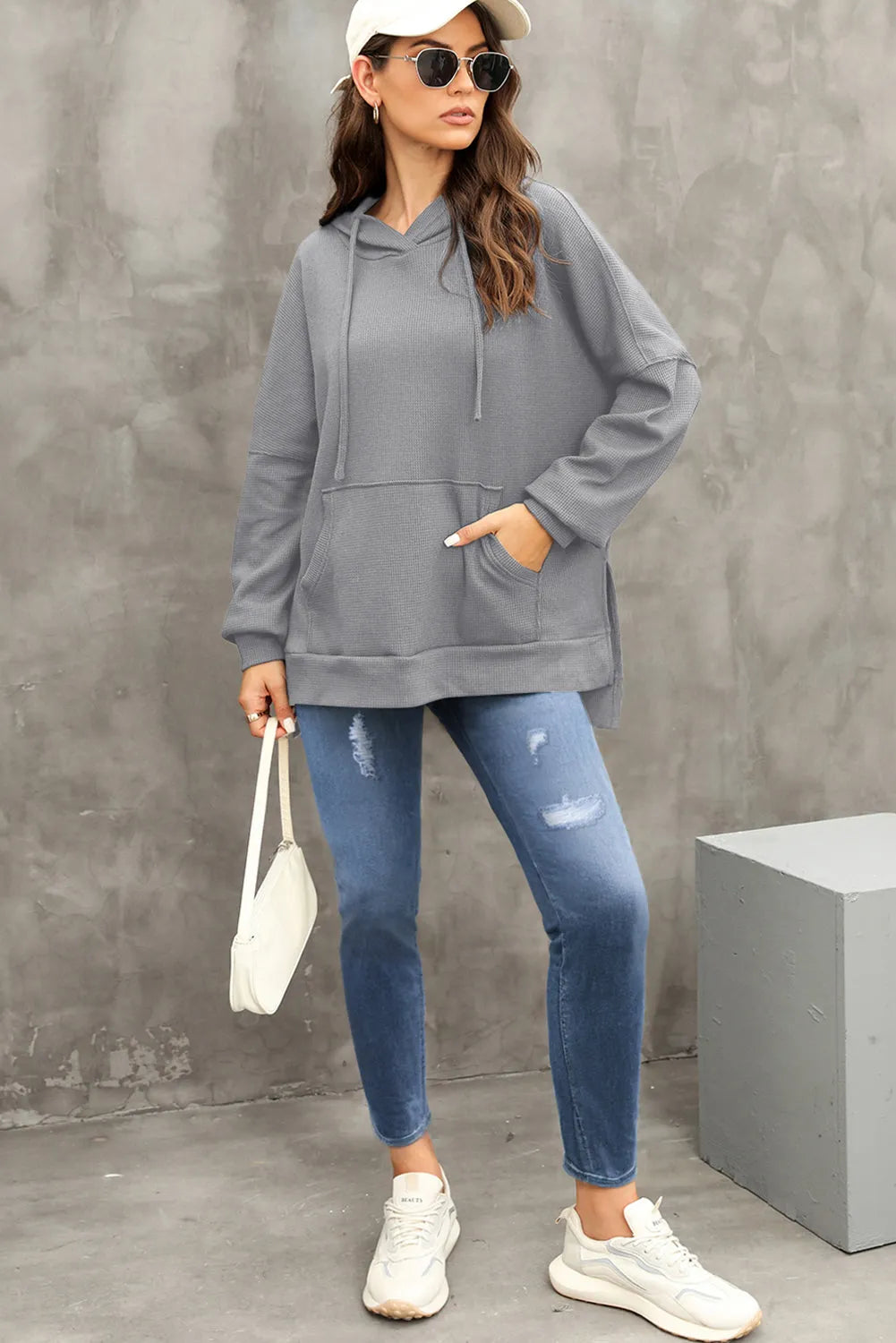 Gray Waffle Knit Fleece Lined High Low Oversized Hoodie - Chic Meadow Boutique 