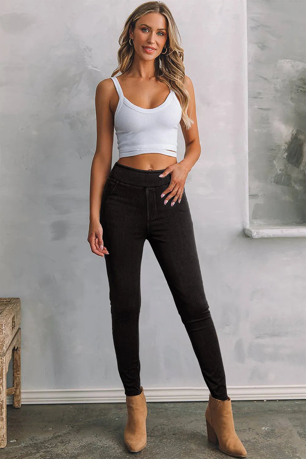 Black Back Pocket Stretchy Denim Casual Leggings - Chic Meadow Boutique 