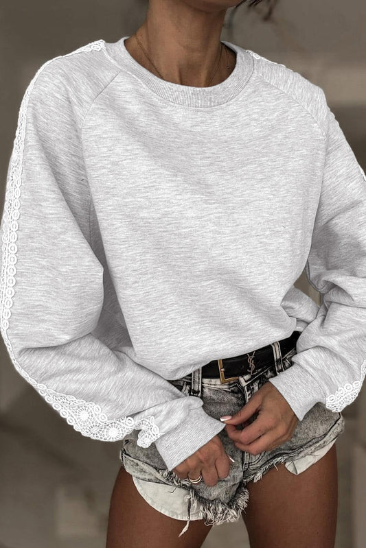 Light Grey Lace Patchwork Raglan Sleeve Crew Neck Sweatshirt