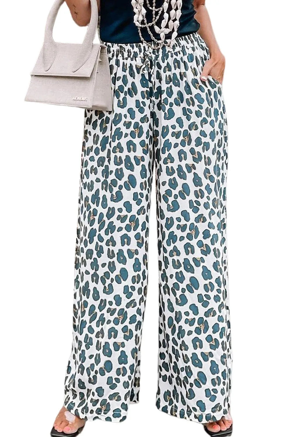 White Leopard Print Pocketed Wide Leg Pants - Chic Meadow Boutique 