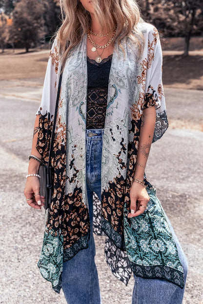 Green Boho Floral Print Irregular Hem Flowy Kimono - Chic Meadow Boutique 