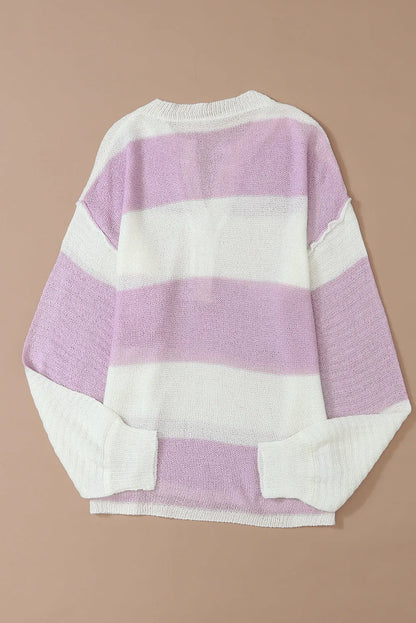 Pink Striped Knit Button Ribbed Split Neck Sweater - Chic Meadow Boutique 