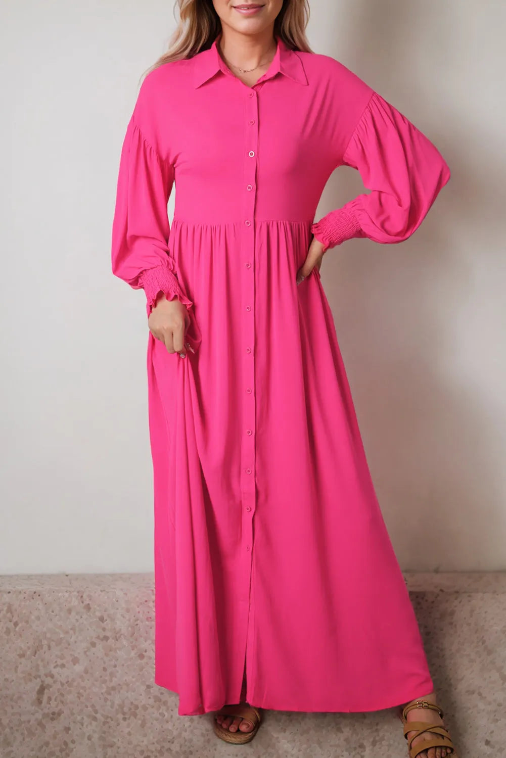 Rose Bubble Sleeve Shirt Maxi Dress - Chic Meadow Boutique 