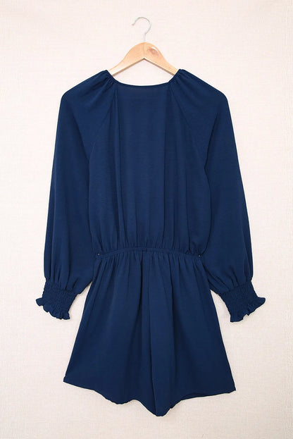 Navy Tie Knot Puff Long Sleeve Romper - Chic Meadow Boutique 