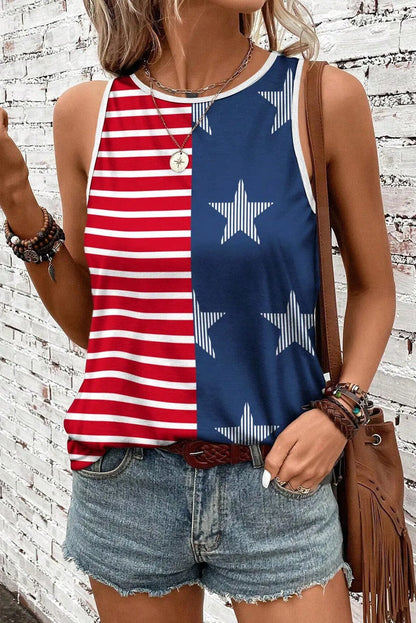 Red USA Flag Printed Round Neck Tank Top - Chic Meadow Boutique 