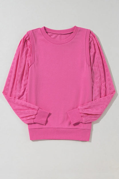 Bright Pink Textured Patchwork Round Neck Sweatshirt - Chic Meadow Boutique 