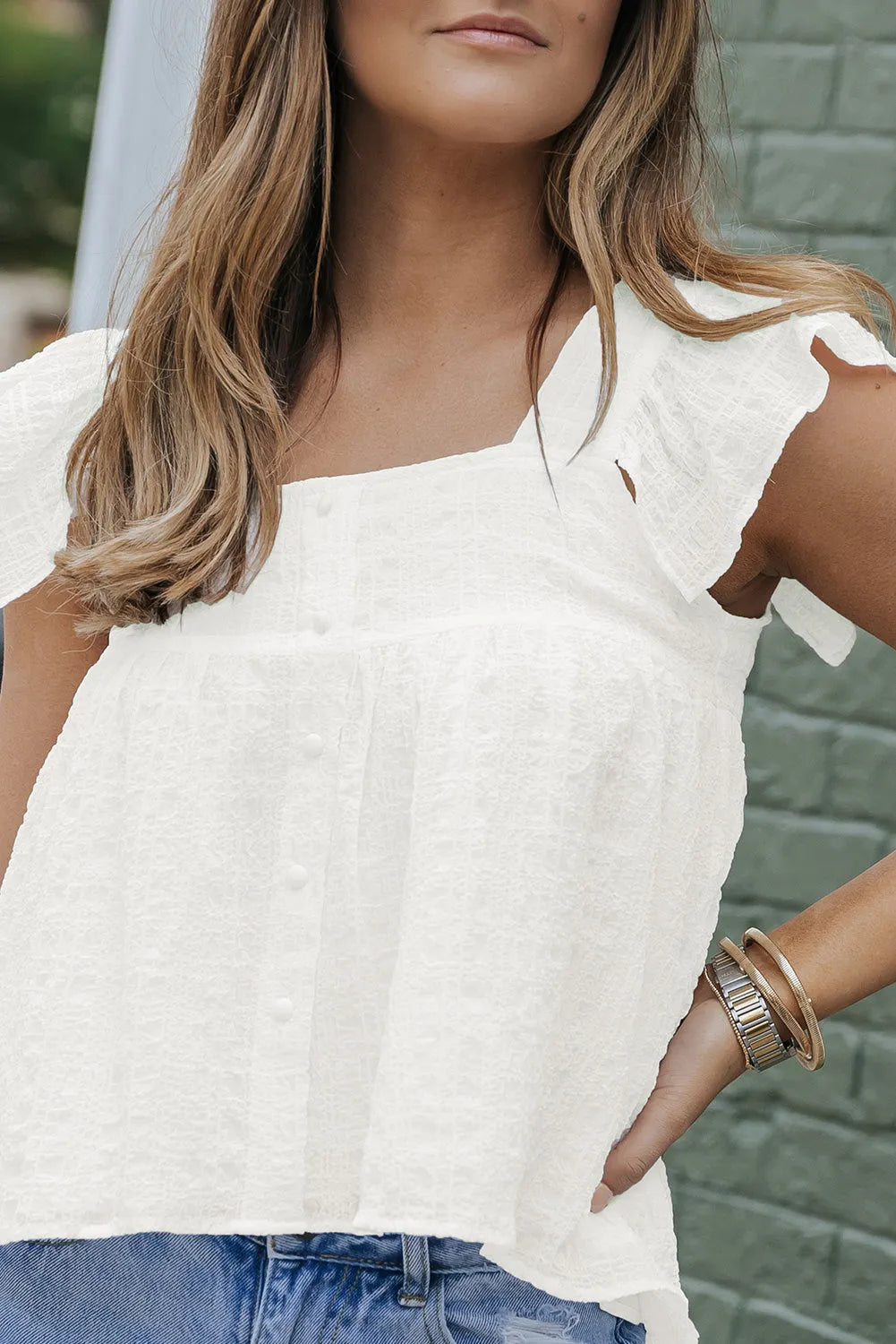 White Square Neck Textured Flowy Tank Top - Chic Meadow Boutique 