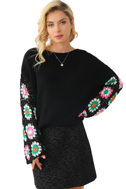 Black Floral Crochet Bell Sleeve Loose Sweater - Chic Meadow Boutique 