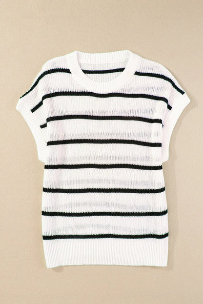 White Stripe Round Neck Batwing Sleeve Sweater - Chic Meadow Boutique 