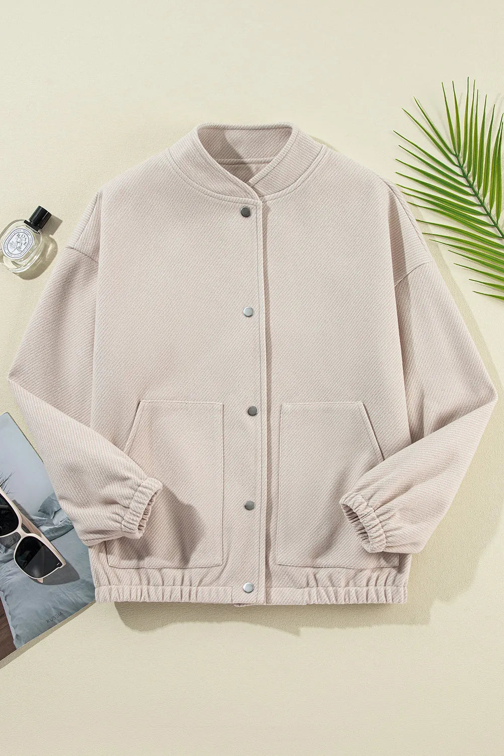 Beige Baseball Collar Snap Button Pocketed Bomber Jacket - Chic Meadow Boutique 