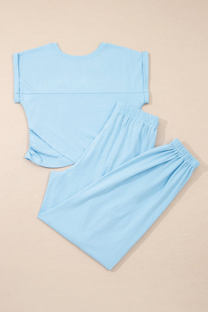Beau Blue Solid Color Cropped Tank Top and Jogger Pants Set