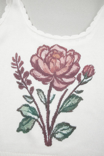 White Retro Floral Print Scalloped Square Neck Knit Sweater Vest