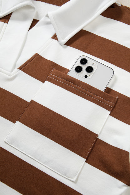 Brown Stripe Contrast Collar 3/4 Sleeve Oversized Casual Top