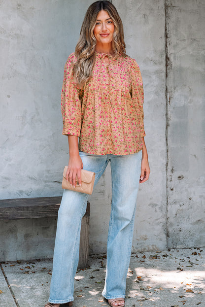 Light French Beige Floral Print Bow Pintuck Bust Half Puff Sleeve Blouse Top