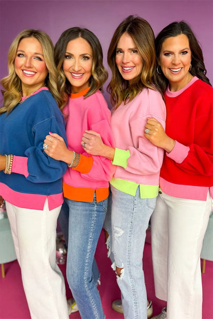 Pink Colorblock Bubble Sleeve Sweatshirt - Chic Meadow Boutique 