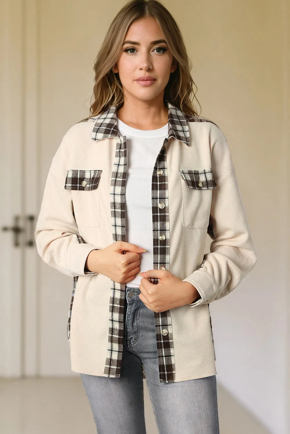 Apricot Plaid Patchwork Waffle Thermal Knit Shacket - Chic Meadow Boutique 