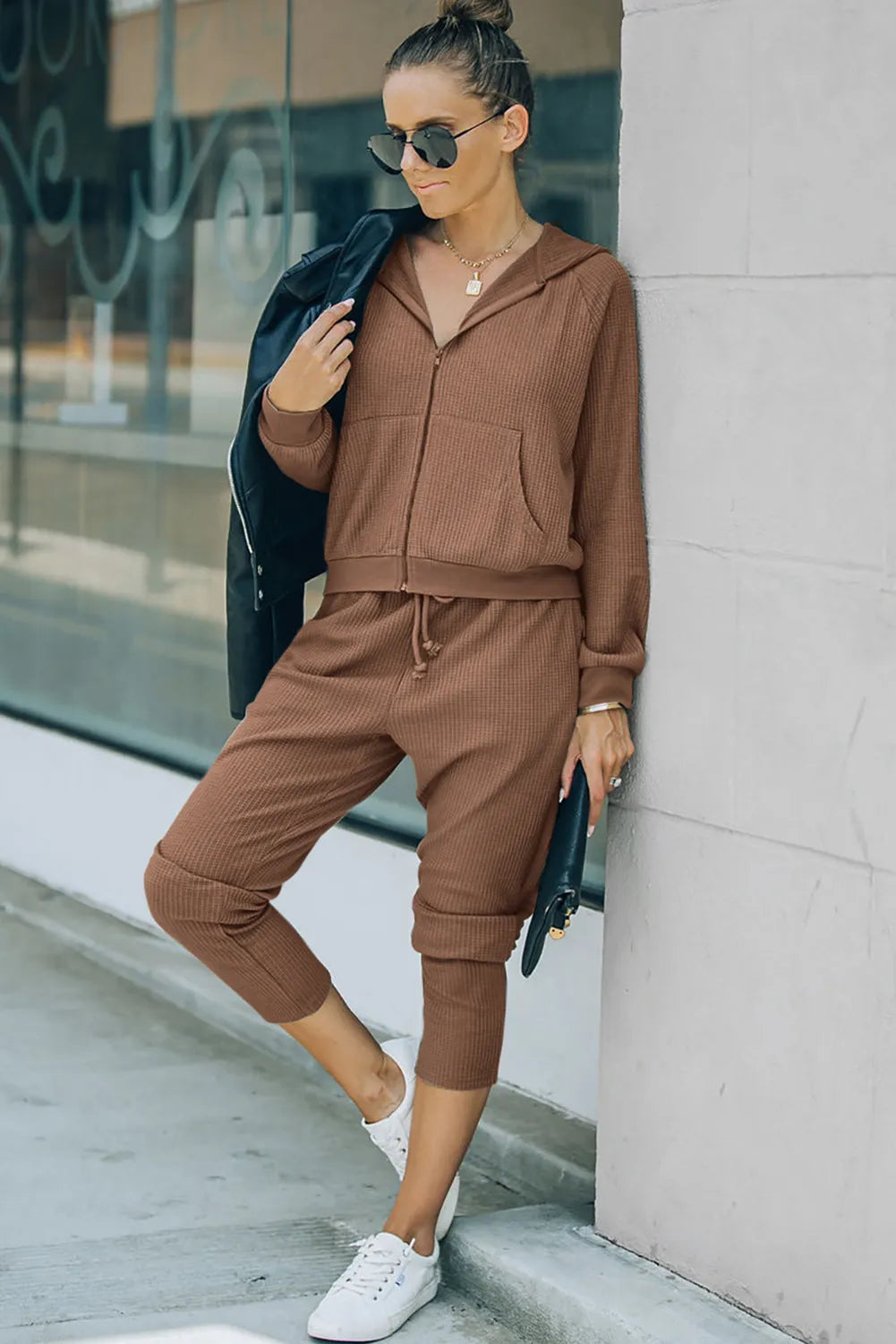 Brown Waffle Knit Zip-Up Hoodie and Pants Athleisure Outfit - Chic Meadow Boutique 