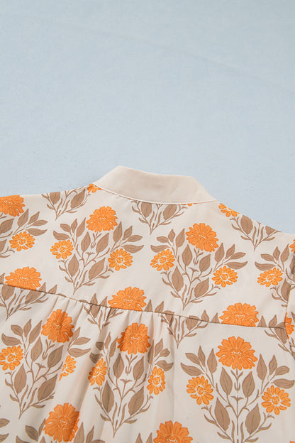 Orange Floral Print Contrast Detail V Neck Long Sleeve Blouse