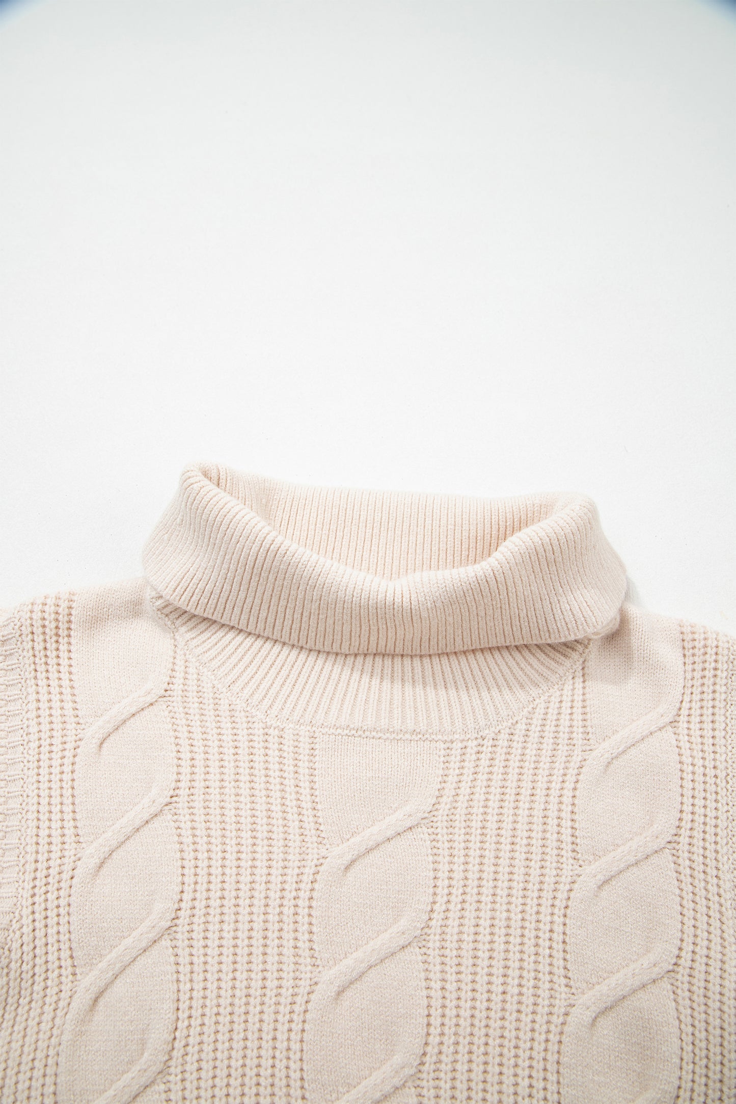 Jet Stream Cable Knit Turtleneck Ruffled Short Sleeve Sweater