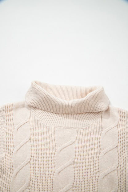 Jet Stream Cable Knit Turtleneck Ruffled Short Sleeve Sweater