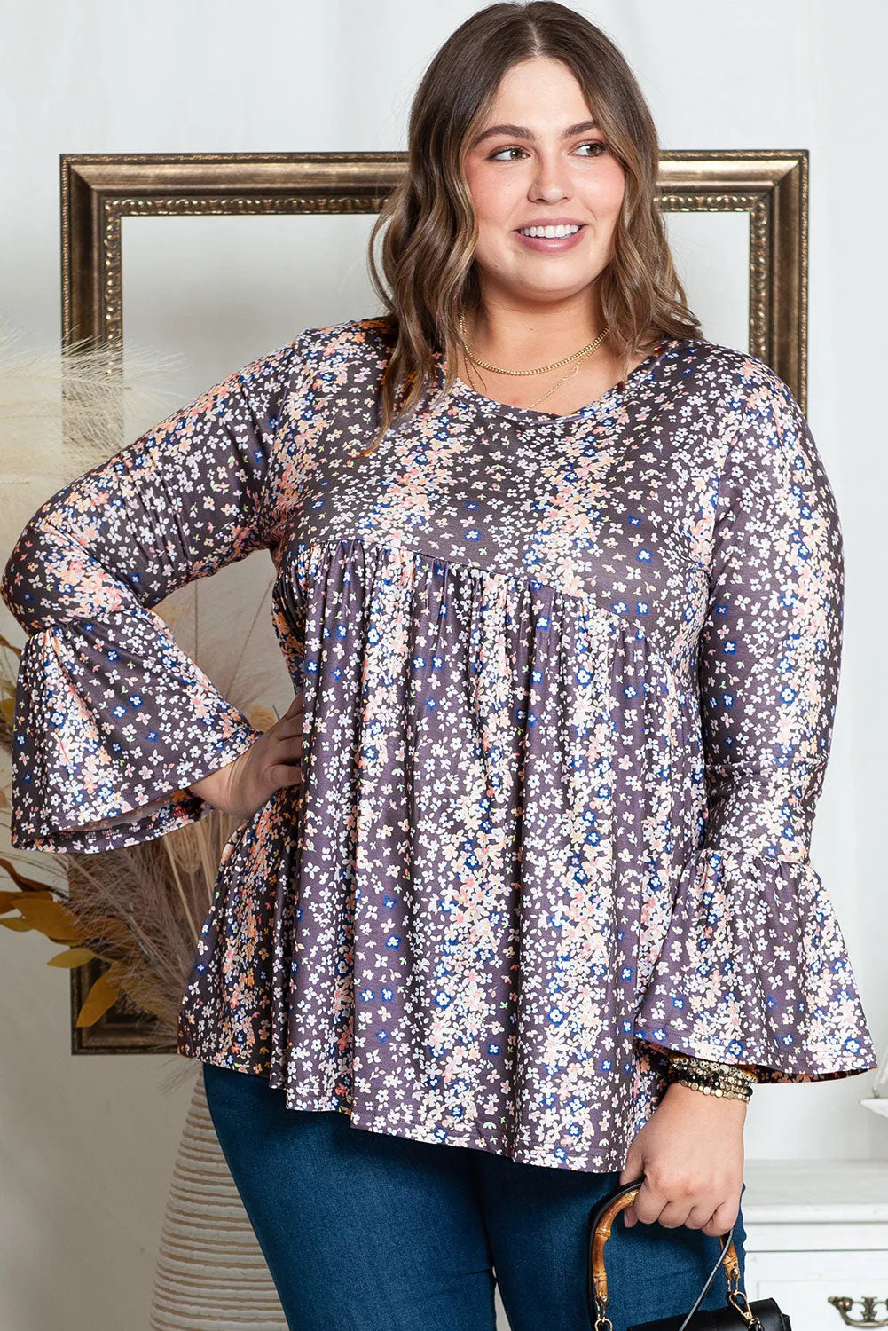 Purple Floral Print Round Neck Plus Size Babydoll Blouse - Chic Meadow Boutique 