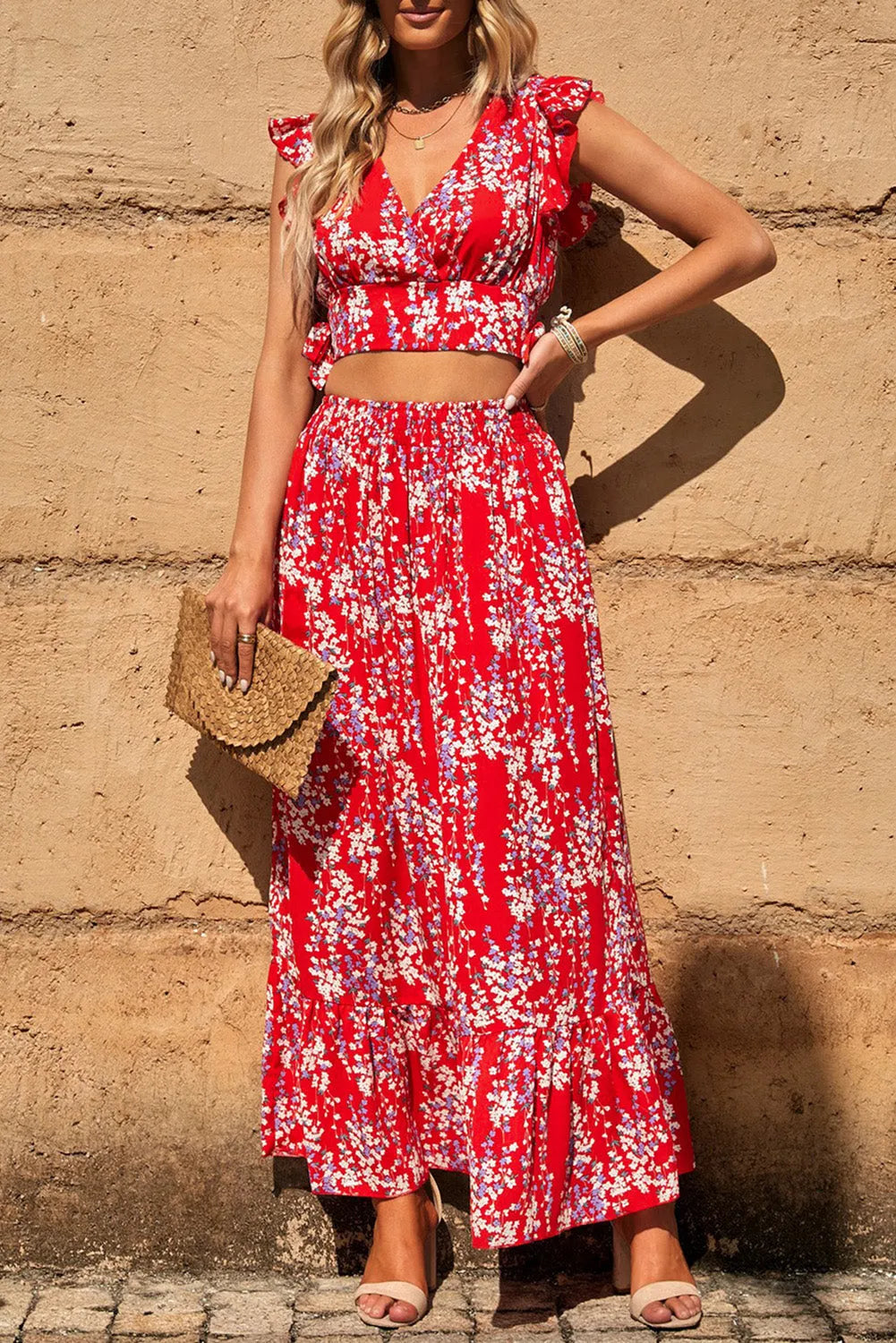 Fiery Red Multicolor Floral Ruffled Crop Top and Maxi Skirt Set - Chic Meadow Boutique 