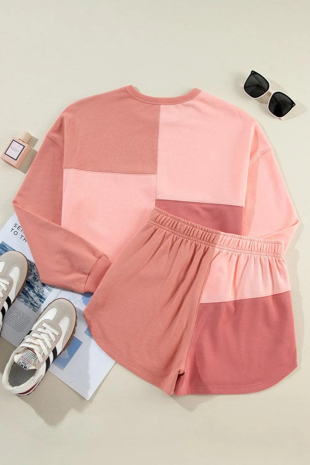 Two Piece Sets/Short Sets Peach Blossom Colorblock Patchwork Long Sleeve Shorts Outfit