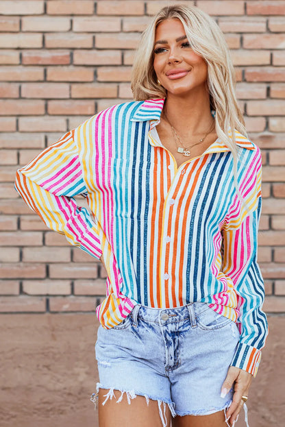 Orange Stripe Multicolor Drop Shoulder Loose Shirt - Chic Meadow Boutique 