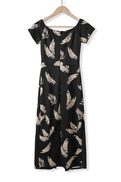 Black Pattern Print Off Shoulder Slit Bodycon Midi Dress - Chic Meadow Boutique 