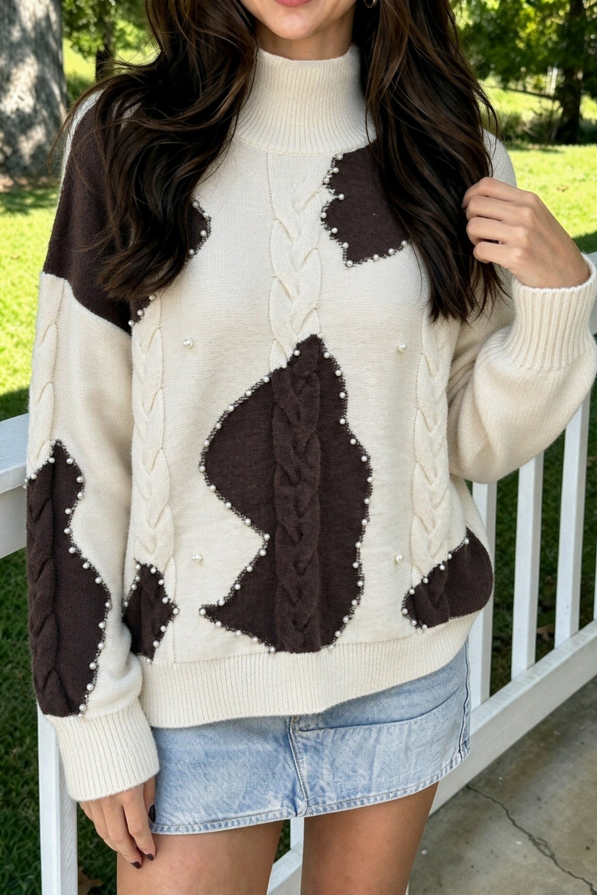 Beige Cable Detail Knit Beaded Western Spots Mock Neck Sweater