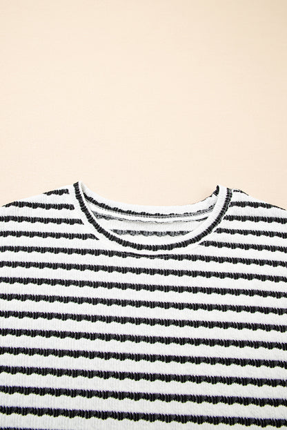 Black Stripe Knitted Short Sleeve Top and Drawstring Shorts Set