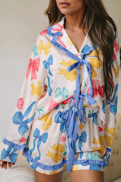 Sky Blue Bow Print Tied Ruffled Pajama Set - Chic Meadow Boutique 