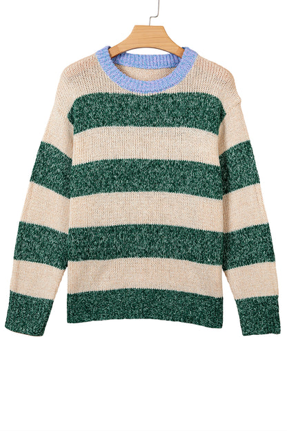Green Stripe Striped Colorblock Drop Shoulder Pullover Sweater