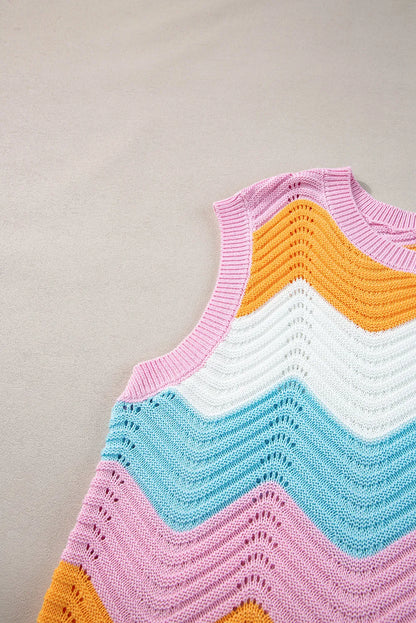 Multicolour Striped Colorblock Scalloped Hem Knitted Vest - Chic Meadow Boutique 