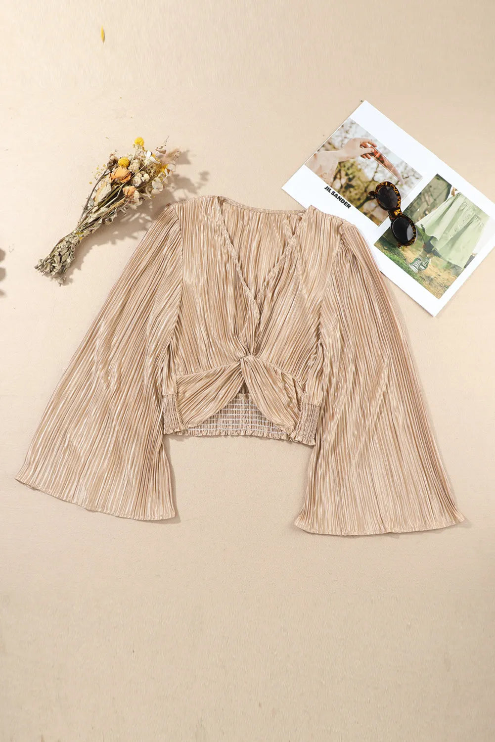 Camel Pleated Bell Sleeve Twist V Neck Cropped Blouse - Chic Meadow Boutique 